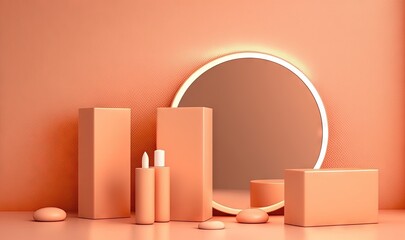  a round mirror sitting next to a set of makeup containers on a counter top next to a round mirror with a white light on it.  generative ai