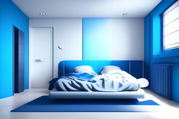 Minimalist bedroom with blue walls 8k - generative ai