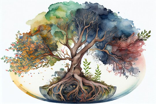 Watercolor Illustration of a Beautiful Magic Tree, The Beginnings Of Life, A Family Tree. Generative AI