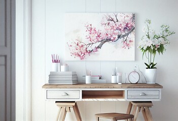Watercolor Illustration of a Cherry Blossoms On White Wood Table Room For Copy Text. Generative AI