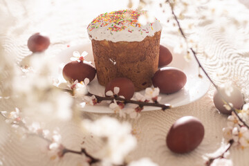 Easter cake and painted eggs blooming branch