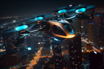 Fototapeta na wymiar passenger copter flies over the night city. concept of transport of the future. Generative AI.