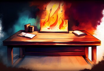 Watercolor Illustration of a Empty Wooden Desk For Product Presentation With Fire Flames Background. Generative AI