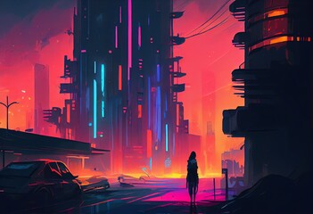 Watercolor Illustration of a Futuristic City In Neon Light, Cyberpunk Art. Generative AI