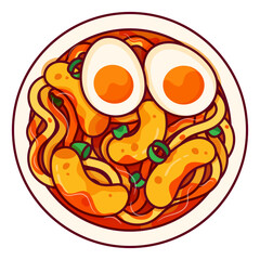 Spicy korean stir-fried rice cake recipe illustration vector.(tteokbokki street food) Asian noodles food icon design. Korean noodles with tteokbokki top view cartoon. Korean food menu vector.