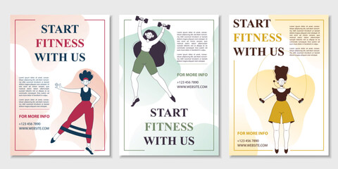 Set of flyers for Sport center. A4 vector illustration for poster, banner, flyer, advertising, promo, commercial.Cute girls doing fitness workout. Fitness, Healthy lifestyle, Workout concept.