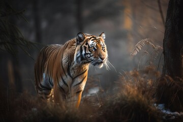 Fototapeta na wymiar a tiger walking through a forest with tall grass and trees in the foreground, with the sun shining on the tiger's face. generative ai