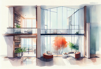 Watercolor Illustration of a Illustration Of Modern Light Apartment With Big Windows. Generative AI