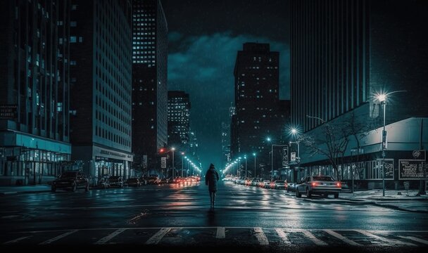  a person walking down a street at night in the rain with a dark cityscape in the background and buildings in the foreground.  generative ai