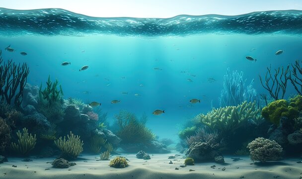  an underwater scene with a lot of fish and corals on the bottom of the water and sand bottom to the bottom of the water.  generative ai