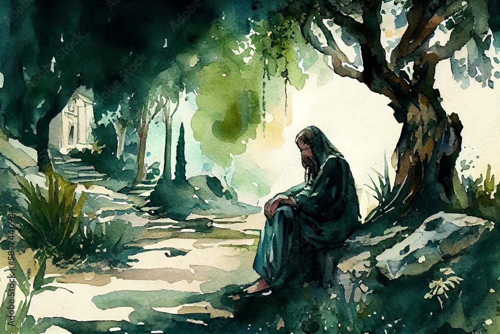 Wall mural watercolor illustration of a jesus in prayer in the garden of gethsemane oil painting. generative ai