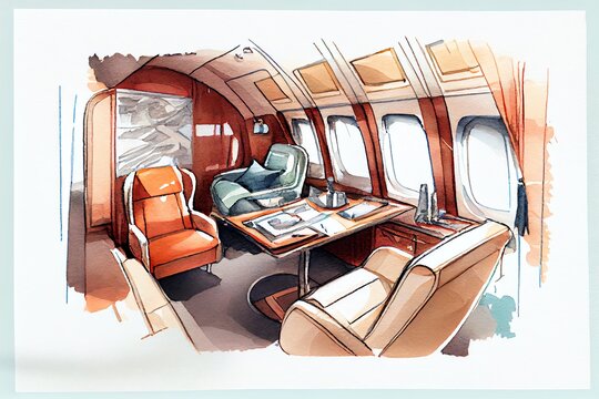 Watercolor Illustration of a Interior Of Luxurious Private Jet With Leather Seats. Generative AI