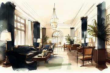 Watercolor Illustration of a Luxury Dark And Classic Hotel Lobby With Furniture. Generative AI