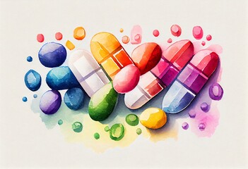 Watercolor Illustration of a Many Colorful Pills. Medication Concept. Generative AI