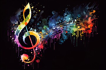 Watercolor Illustration of a Music Stave And Treble Clef Colorful Splash Illustration On Black Background, Horizontal Banner With Copy Space. Generative AI