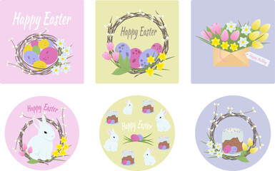 Happy Easter greeting cards with willow wreath, eggs, bunny, cake and flowers