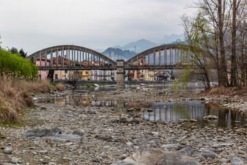 Year 2023 - Adda river in northern Italy with little water due to drought. - 583245038