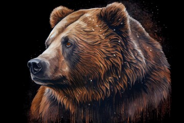 Watercolor Illustration of a Portrait Of A Brown Grizzly Bear. Close Up Head Image Of A Grizzly Kodiak Bear On Black Background. Image. Generative AI