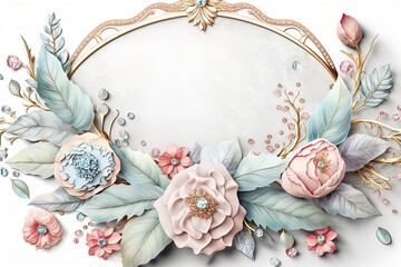 Jewelry flowers and leaves with precious gemstones soft pastel colored on isolated white background.