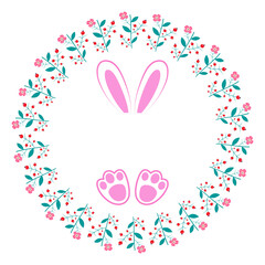 Vector wreath. Ears and paws of a rabbit. Frame on a transparent background. Decorative template for easter.