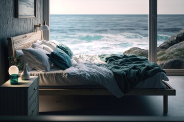Bed by the sea. Creative design concept. Ai generation
