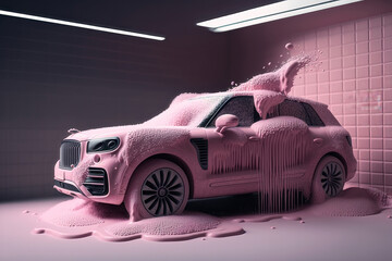Car wash with pink foam. AI generated - obrazy, fototapety, plakaty