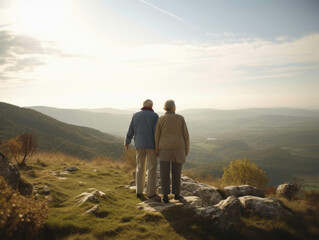 Obraz premium An elderly couple walking on top of a mountain and looking out over a beautiful landscape.. AI generation.