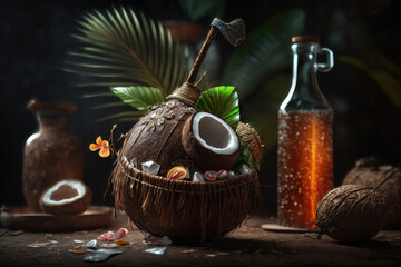 Creative banner with coconut. A tropical concept. AI generation.