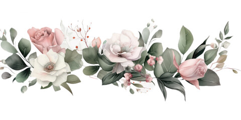 Floral illustration - pink flowers, green leaves, white flowers, branches. Wedding invitations, greetings, wallpapers, fashion, prints, generative ai