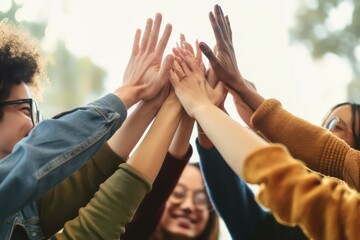 Diverse group of businesspeople with hands coming together in unity, teamwork, and celebration, success in collaboration, generative ai