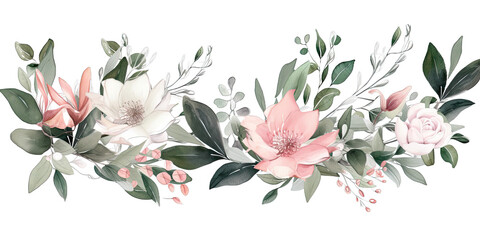 Floral illustration - pink flowers, green leaves, white flowers, branches. Wedding invitations, greetings, wallpapers, fashion, prints, generative ai