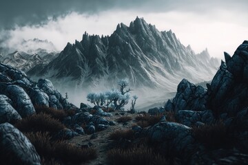 Misty mountainscapes. AI generated