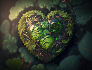 Green heart made by foliage that represents environmental protection created with Generative AI technology.