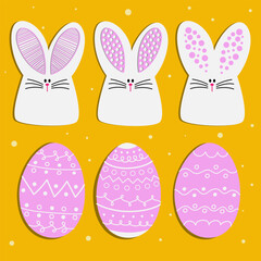 Cute easter bunnies with ears, patterned easter eggs. Easter picture.