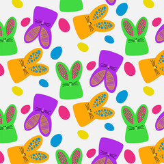 Vector seamless pattern with colorful rabbits and colorful eggs. Easter holiday background with rabbit