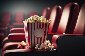 Movie theater popcorn on red seats. AI generated - obrazy, fototapety, plakaty