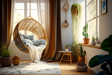 Room with hanging chair, potted plants, and window. Generative AI.