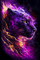 purple and yellow leopard with orange and yellow flames on it's face. Generative AI.