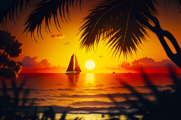 sailboat in the ocean with sunset in the background. Generative AI.