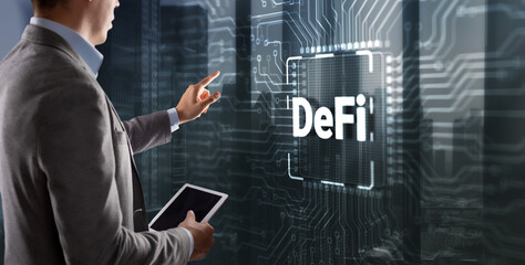DeFi Decentralized Finance. Technology blockchain cryptocurrency concept. Businessman clicking on...