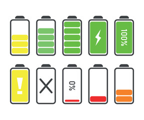 Battery icon vector set isolated on white background. Symbols of battery charge level, full and low. The degree of battery power flat vector illustration.