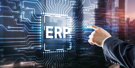 Tapping on the inscription Enterprise Resource Planning ERP Corporate concept. Abstract background on server room background
