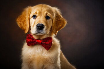 Dog with red bow tie sitting in front of black background. Generative AI.