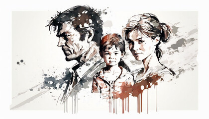 Sad Family with Children, isolated on white background - watercolor style illustration background by Generative Ai