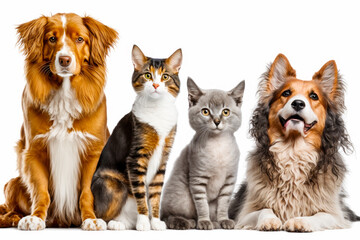 Group of cats, dogs, and dog sitting next to each other. Generative AI.