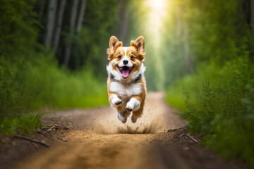 Brown and white dog running down dirt road next to forest. Generative AI.