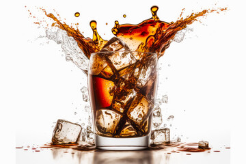 Glass of cola with ice cubes and water splashing around it. Generative AI.