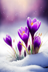 Group of purple flowers sitting on top of white snow covered ground. Generative AI.