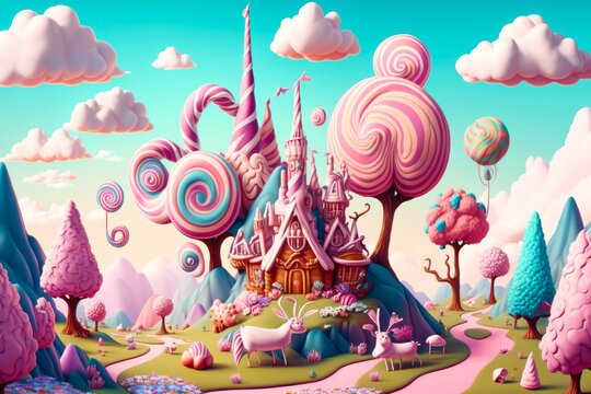 fairy land with castle and lot of candy land. Generative AI.