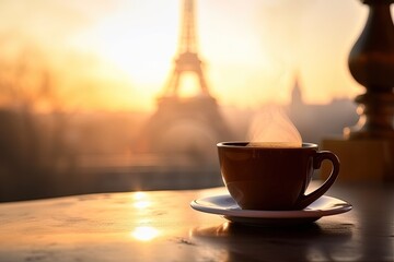 Obraz premium Coffee in france outside with sunset, eifel tower in the background, Generative AI